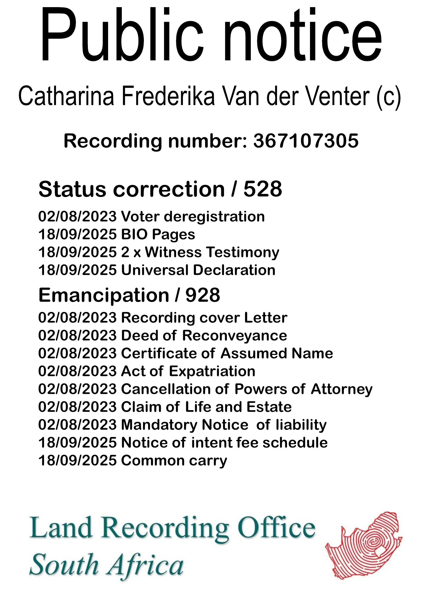 Public notice Catharina Frederika Van der Venter (c) Recording number 367107305